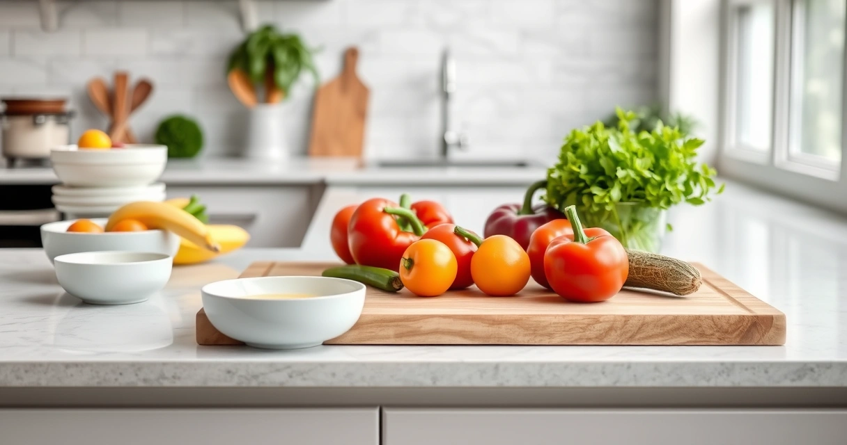 Bancada de cozinha com tábua, tigelas e legumes frescos