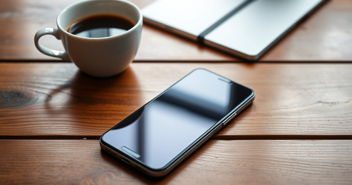 Celular sobre uma mesa de madeira, ao lado de uma xícara de café