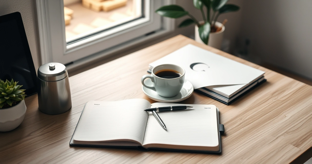 Escrivaninha organizada com caderno, caneta e xícara de café