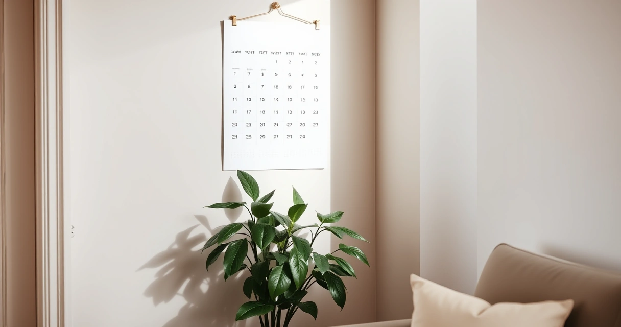 Calendário de parede e um vaso de planta no canto de uma sala