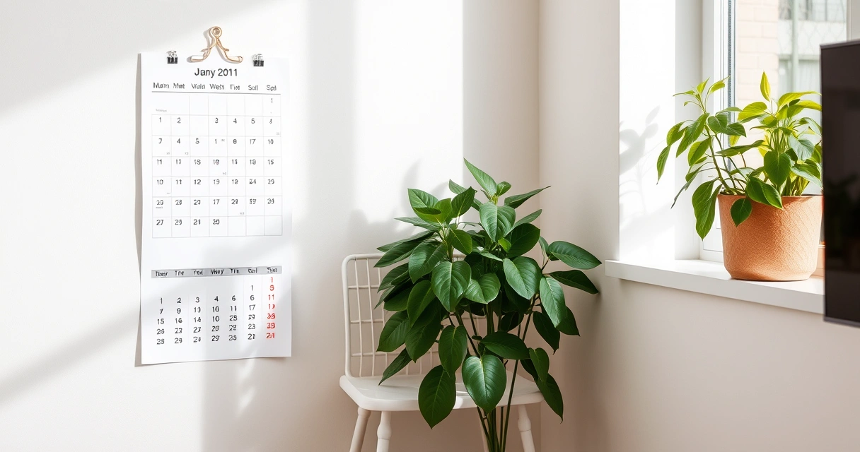 Calendário de parede e um vaso de planta no canto de uma sala
