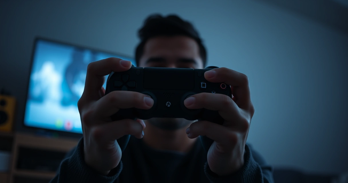Mãos segurando um controle de videogame, com o brilho da tela ao fundo