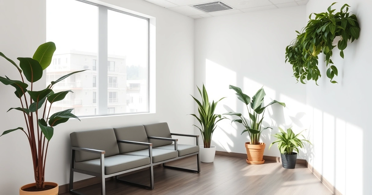 Sala de espera de consultório, com plantas e luz suave