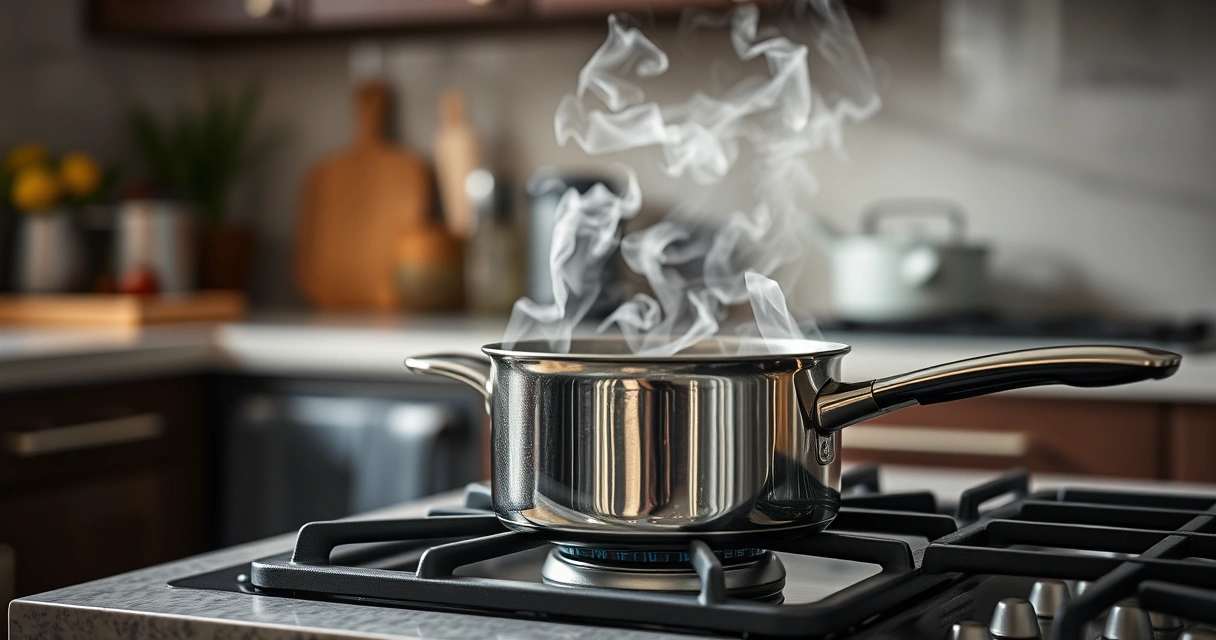 Panela sobre o fogão, com vapor subindo, e a bancada desfocada ao fundo