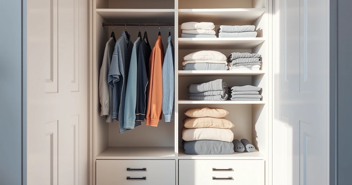 Roupas dobradas com cuidado dentro de um guarda-roupa aberto