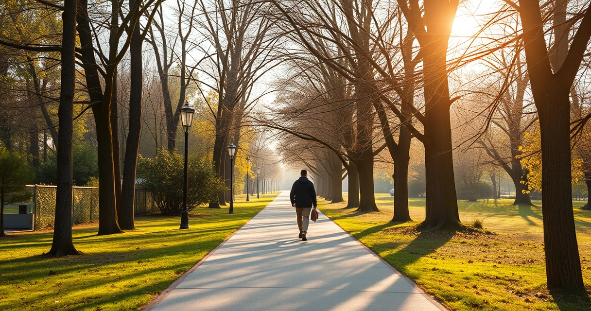 Pessoa caminhando por uma trilha de parque entre árvores