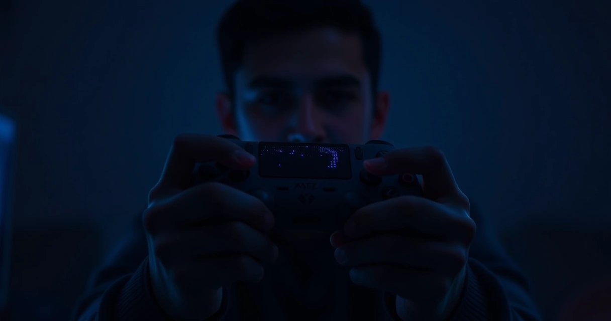 Mãos segurando um controle de videogame, com o brilho da tela ao fundo