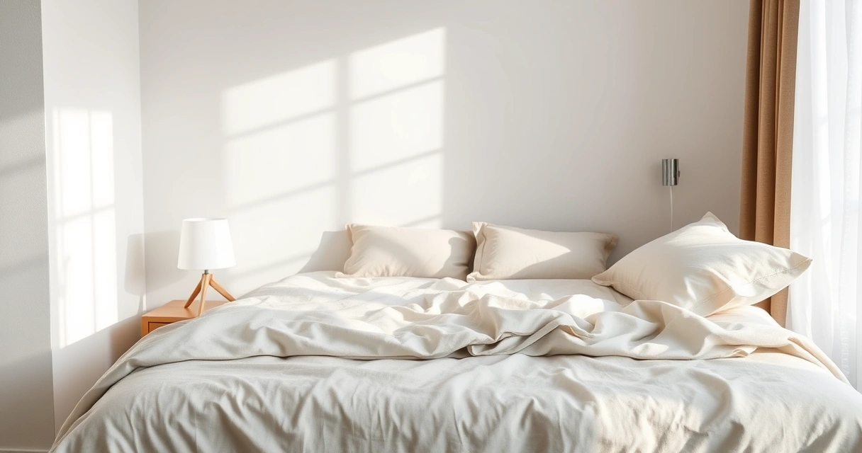 Cama arrumada com roupa de cama clara, num quarto tranquilo