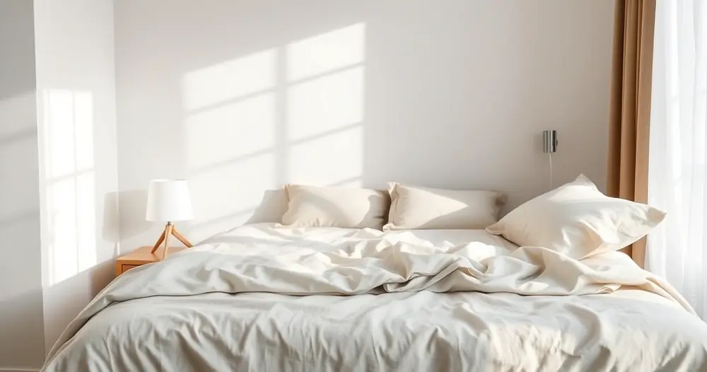 Cama arrumada com roupa de cama clara, num quarto tranquilo