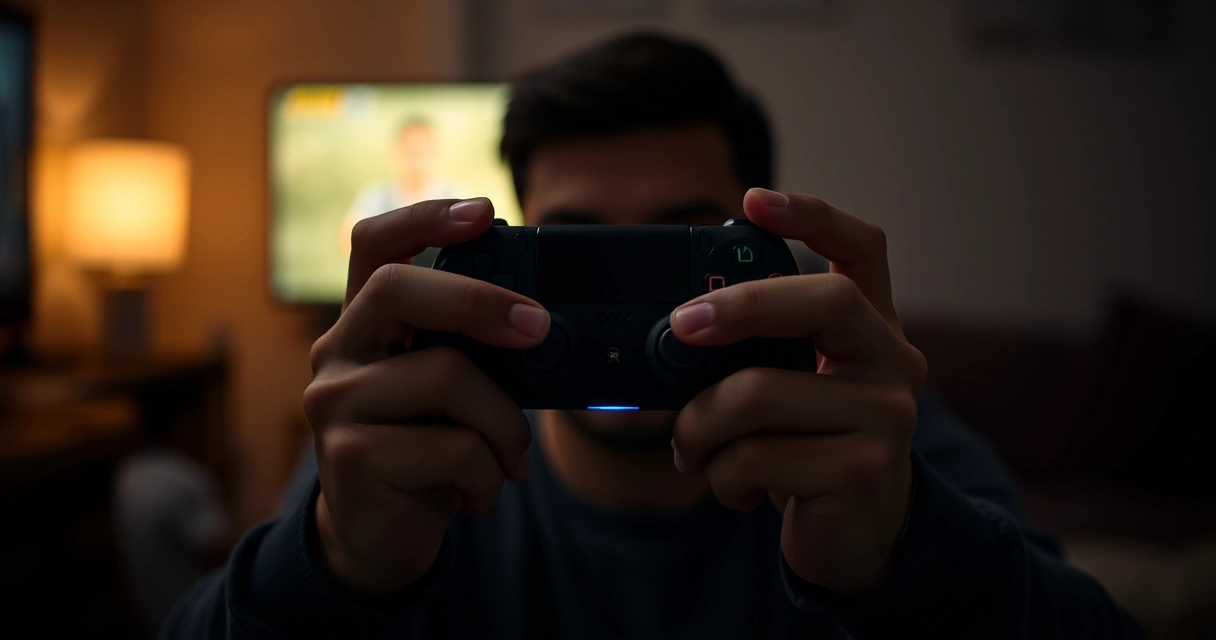 Mãos segurando um controle de videogame, com o brilho da tela ao fundo