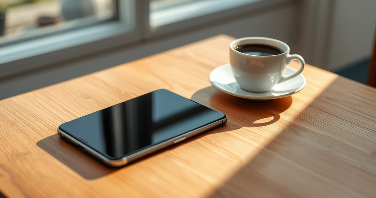 Celular sobre uma mesa de madeira, ao lado de uma xícara de café