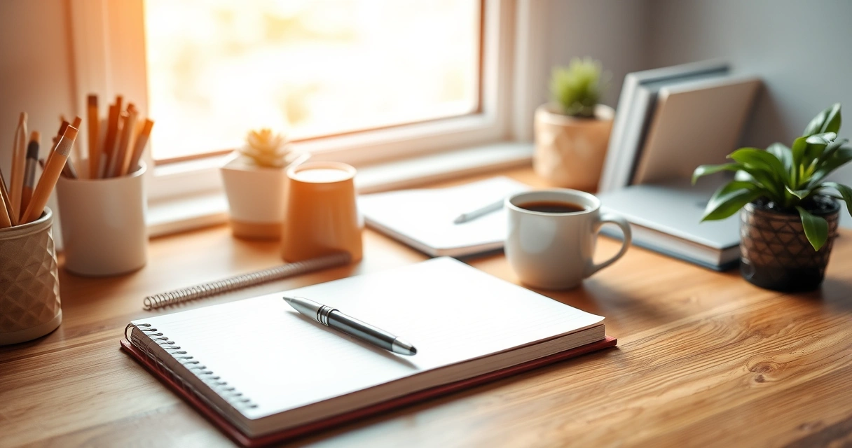 Escrivaninha organizada com caderno, caneta e xícara de café