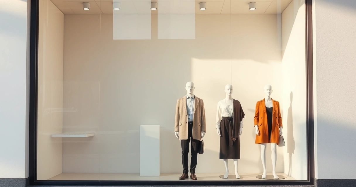 Vitrine de loja com manequins, à luz do dia
