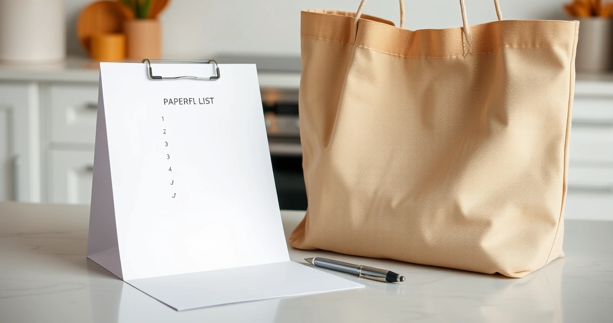 Lista de papel e caneta ao lado de uma sacola na bancada da cozinha
