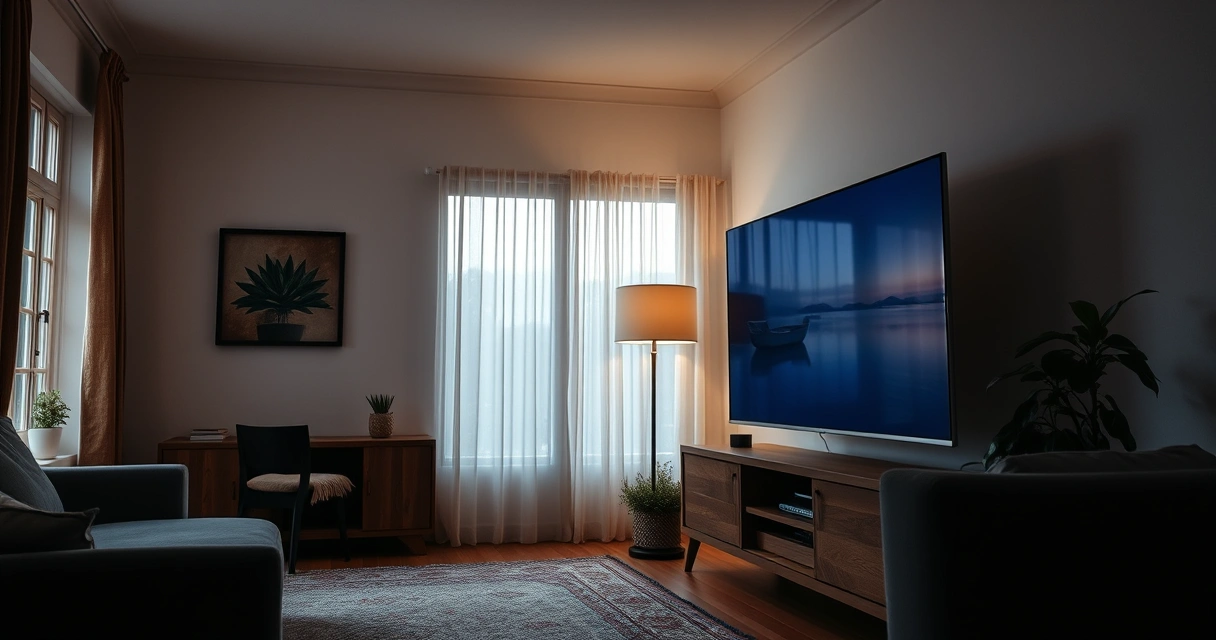 Televisão sobre um rack de madeira numa sala arrumada