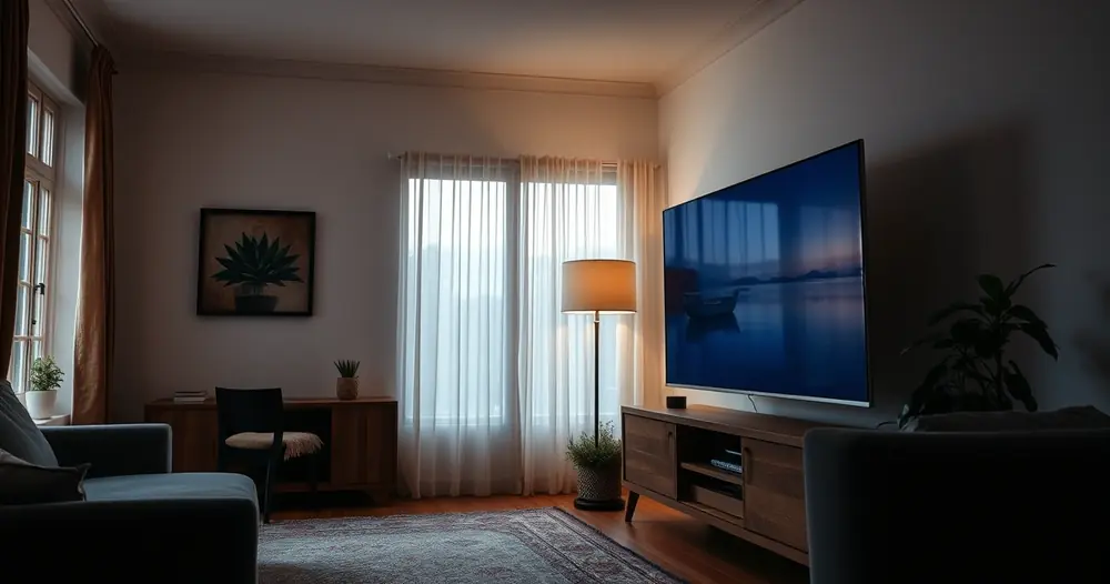 Televisão sobre um rack de madeira numa sala arrumada
