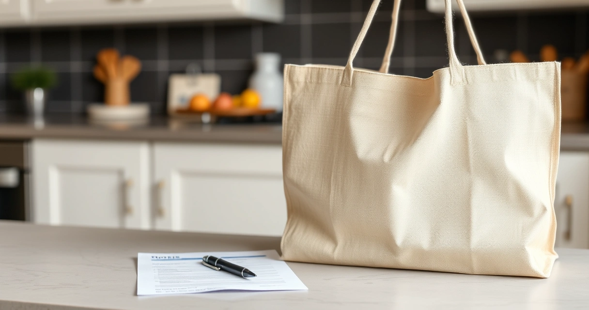 Lista de papel e caneta ao lado de uma sacola na bancada da cozinha