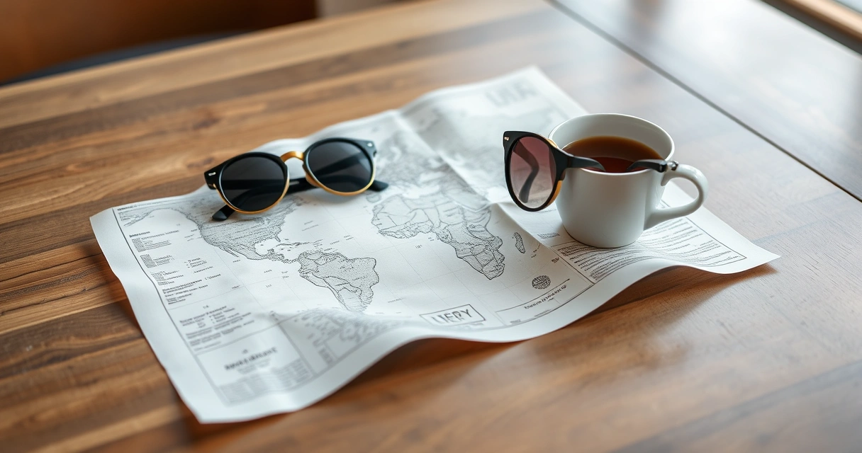 Mapa de papel, óculos de sol e xícara de café sobre mesa de madeira
