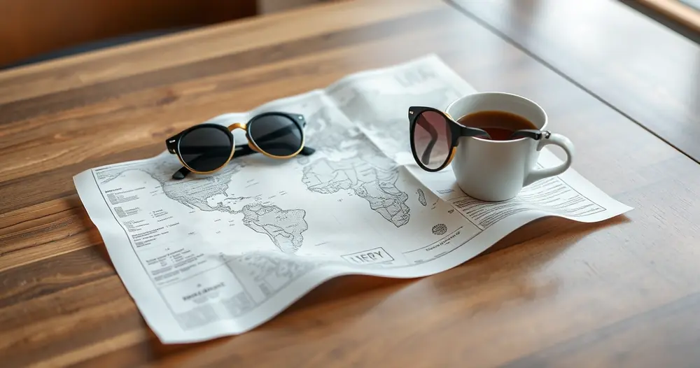 Mapa de papel, óculos de sol e xícara de café sobre mesa de madeira