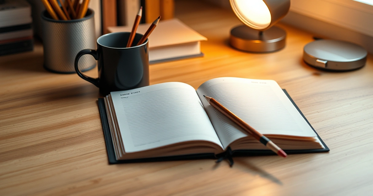 Caderno aberto, lápis e uma caneca sobre a mesa de estudo