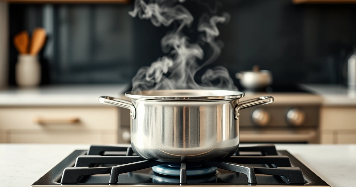 Panela sobre o fogão, com vapor subindo, e a bancada desfocada ao fundo