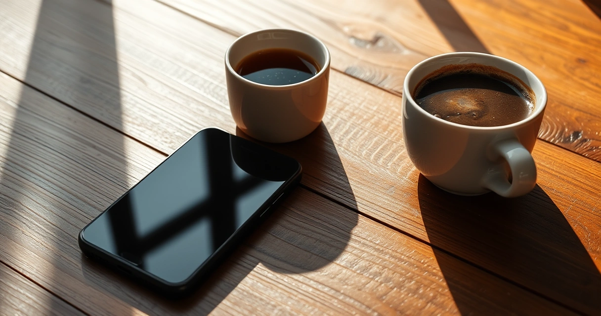 Celular sobre uma mesa de madeira, ao lado de uma xícara de café
