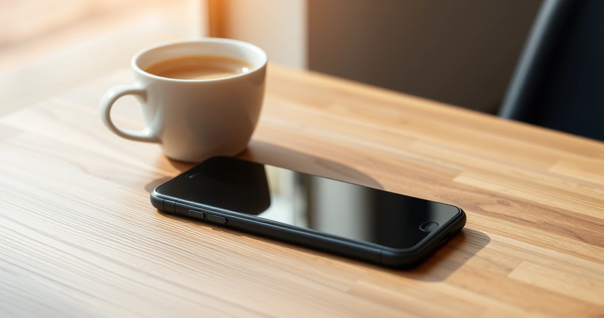 Celular sobre uma mesa de madeira, ao lado de uma xícara de café