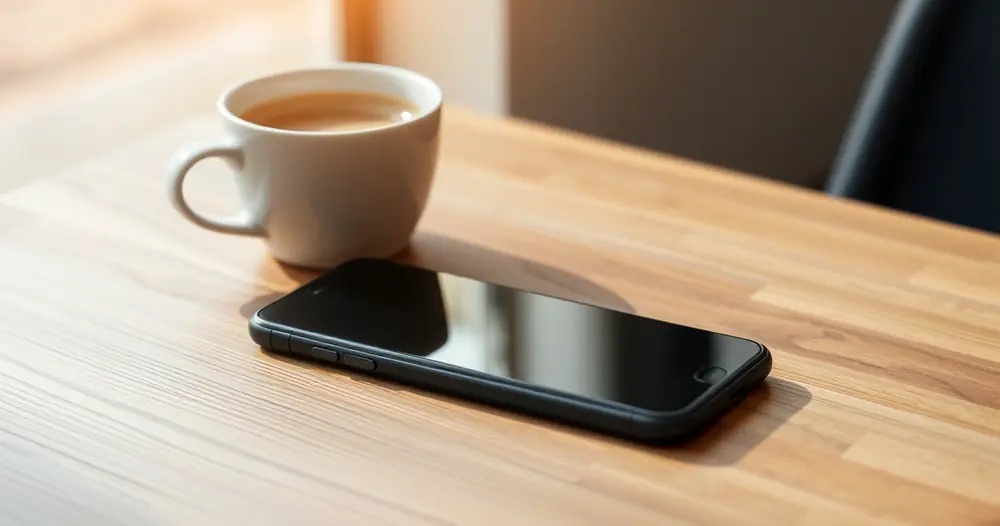 Celular sobre uma mesa de madeira, ao lado de uma xícara de café