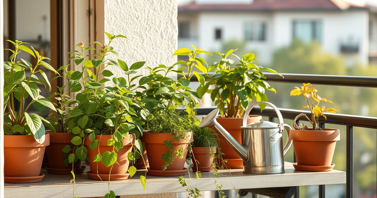 Plantas em vasos numa varanda, com um regador ao lado