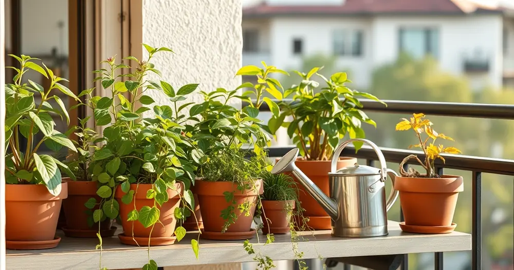 Plantas em vasos numa varanda, com um regador ao lado