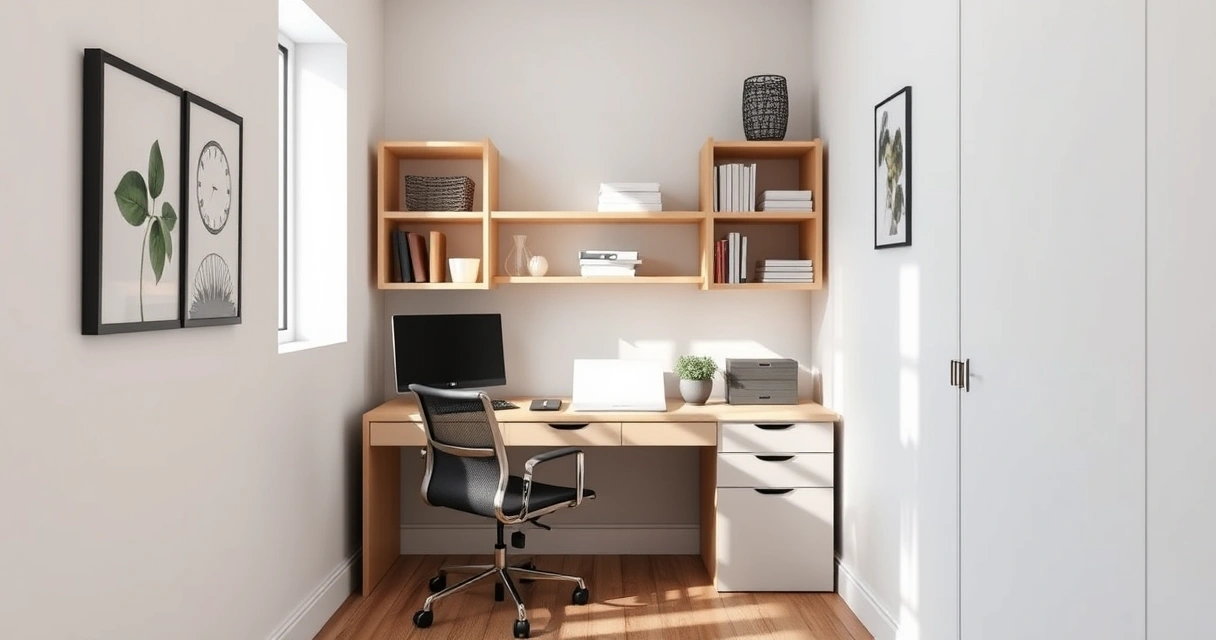 Escritório compacto em casa, com mesa, cadeira e prateleiras