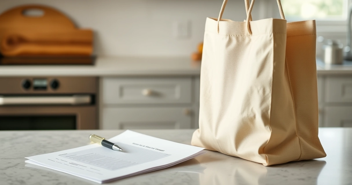 Lista de papel e caneta ao lado de uma sacola na bancada da cozinha