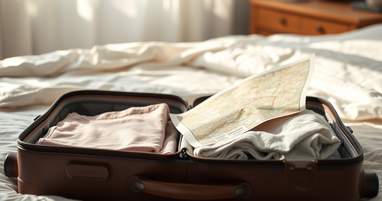 Mala aberta com roupas dobradas e um mapa de papel sobre a cama