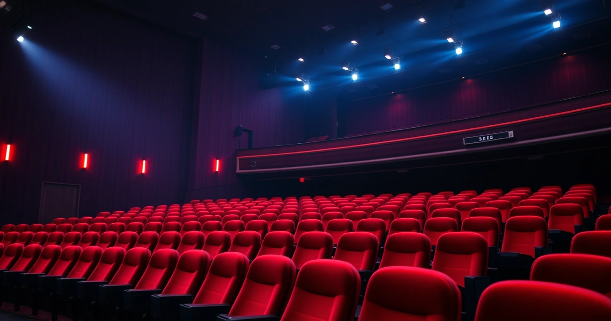 Sala de cinema vazia, com poltronas vermelhas e luz baixa