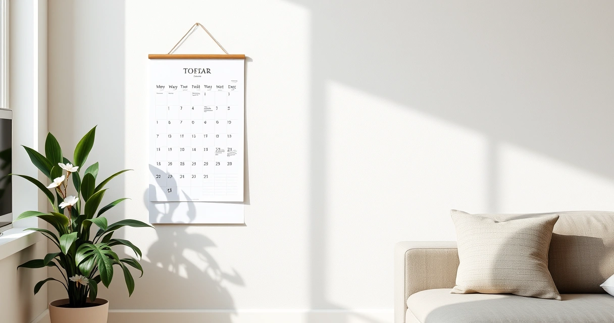 Calendário de parede e um vaso de planta no canto de uma sala
