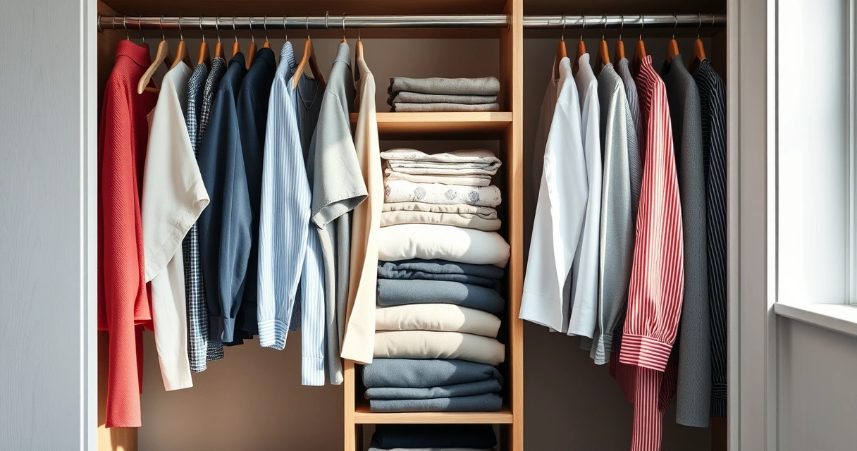 Roupas dobradas com cuidado dentro de um guarda-roupa aberto