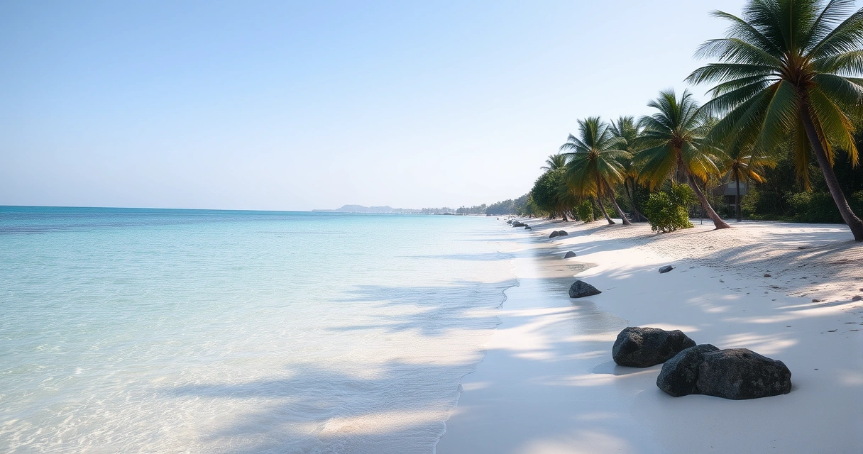 Praia tranquila com água clara e alguns coqueiros
