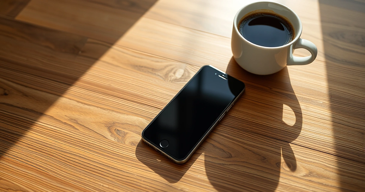 Celular sobre uma mesa de madeira, ao lado de uma xícara de café