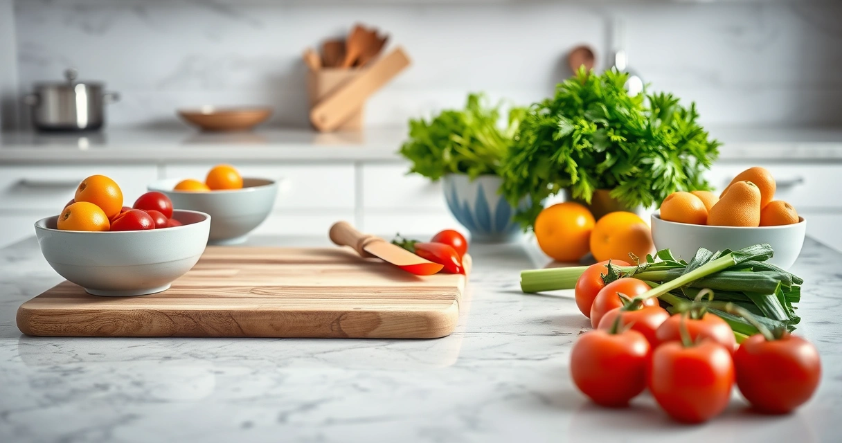 Bancada de cozinha com tábua, tigelas e legumes frescos