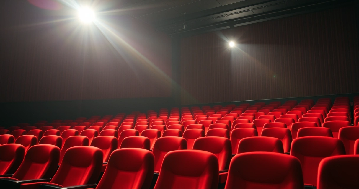 Sala de cinema vazia, com poltronas vermelhas e luz baixa