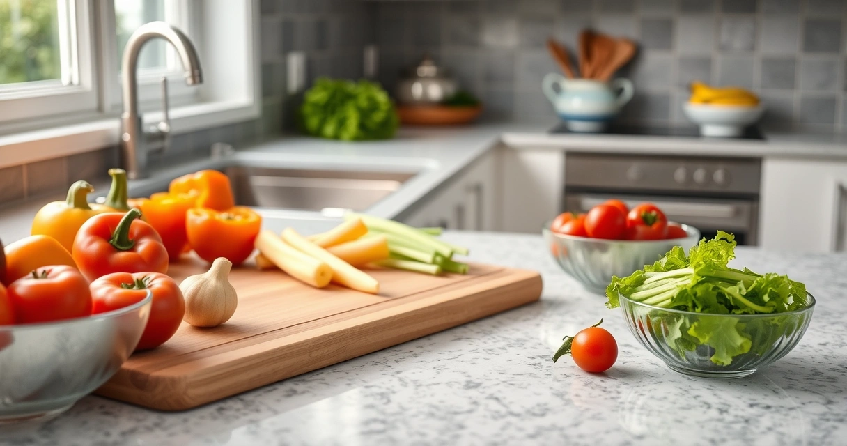 Bancada de cozinha com tábua, tigelas e legumes frescos