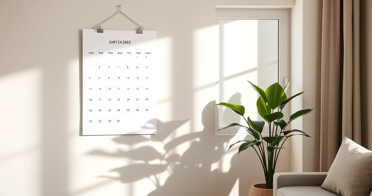 Calendário de parede e um vaso de planta no canto de uma sala