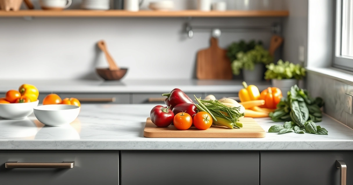 Bancada de cozinha com tábua, tigelas e legumes frescos