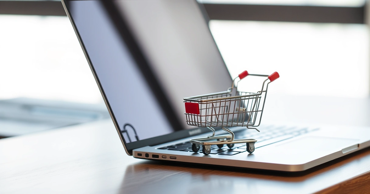 Carrinho de compras em miniatura ao lado de um notebook