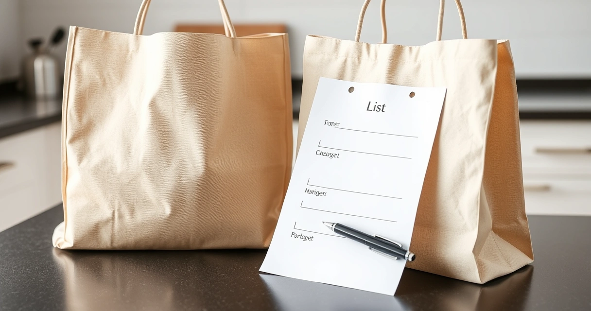 Lista de papel e caneta ao lado de uma sacola na bancada da cozinha