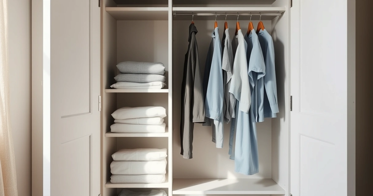 Roupas dobradas com cuidado dentro de um guarda-roupa aberto