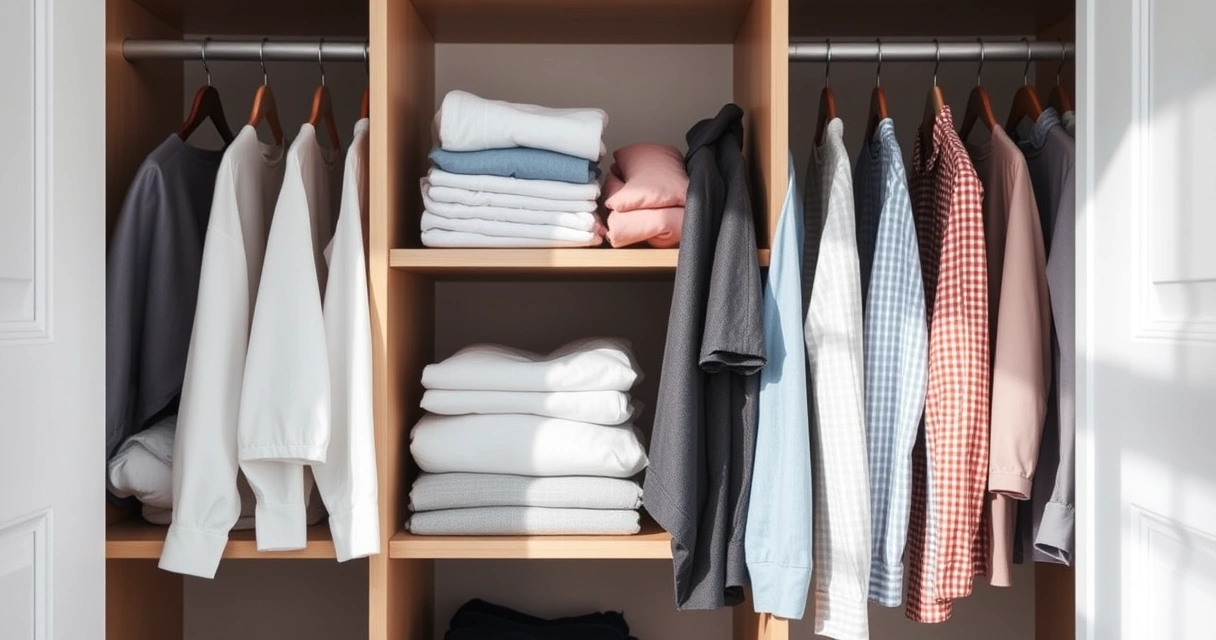 Roupas dobradas com cuidado dentro de um guarda-roupa aberto