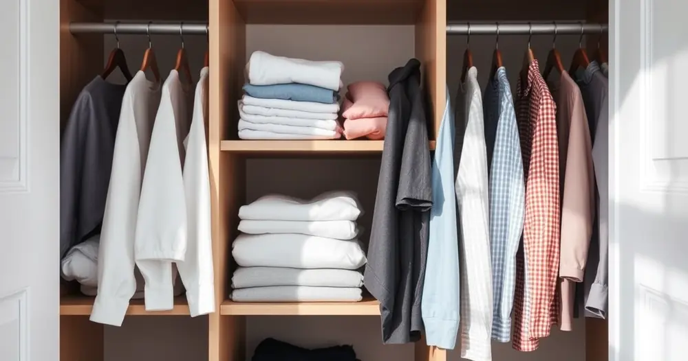 Roupas dobradas com cuidado dentro de um guarda-roupa aberto