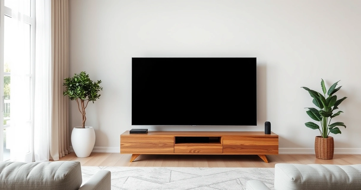 Televisão grande sobre rack de madeira numa sala moderna
