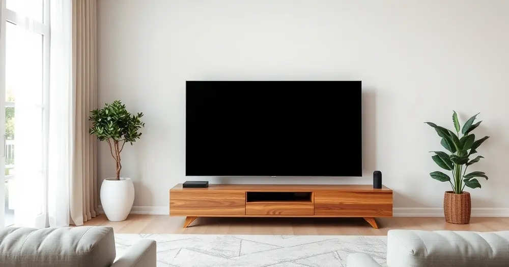 Televisão grande sobre rack de madeira numa sala moderna